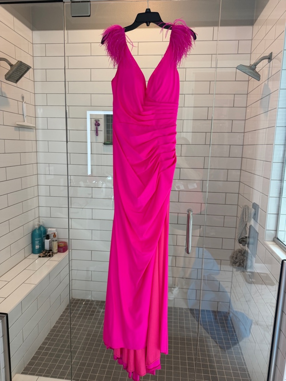 Feather-Shoulder Hot Pink Maxi Dress